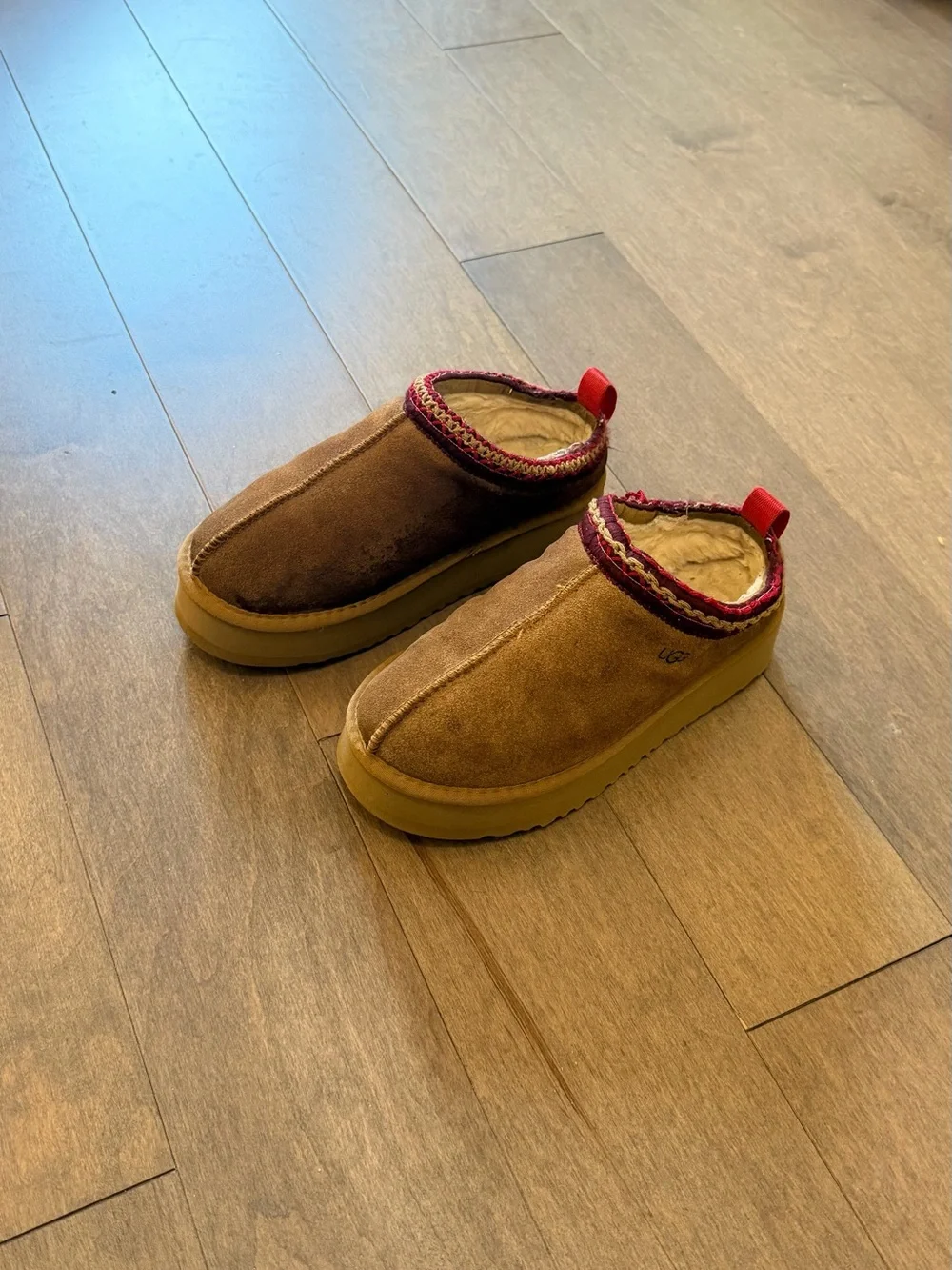 UGG Chestnut Suede Slip-On Mule with Red Trim